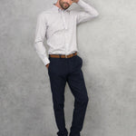 Contemporary Fit, Button Down Collar, Two Button Cuff Shirt In White With Red & Blue Line Overcheck