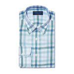 Contemporary Fit, Buttondown Collar, 2 Button Cuff Shirt in a Blue & White Check Twill Linen