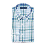 Contemporary Fit, Buttondown Collar, 2 Button Cuff Shirt in a Blue & White Check Twill Linen