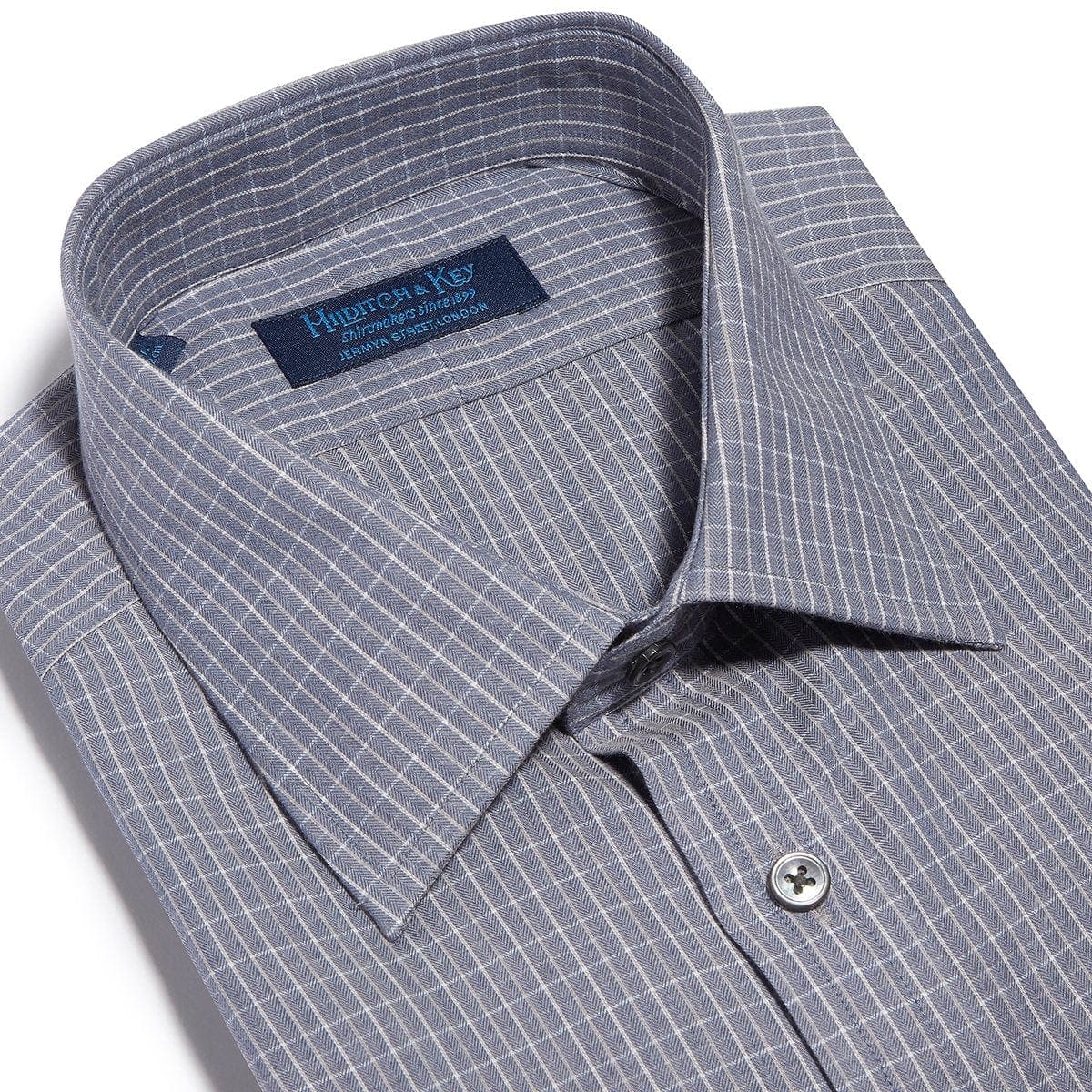 Contemporary Fit, Classic Collar, 2 Button Cuff Shirt in a Grey & White Check Herringbone Cotton