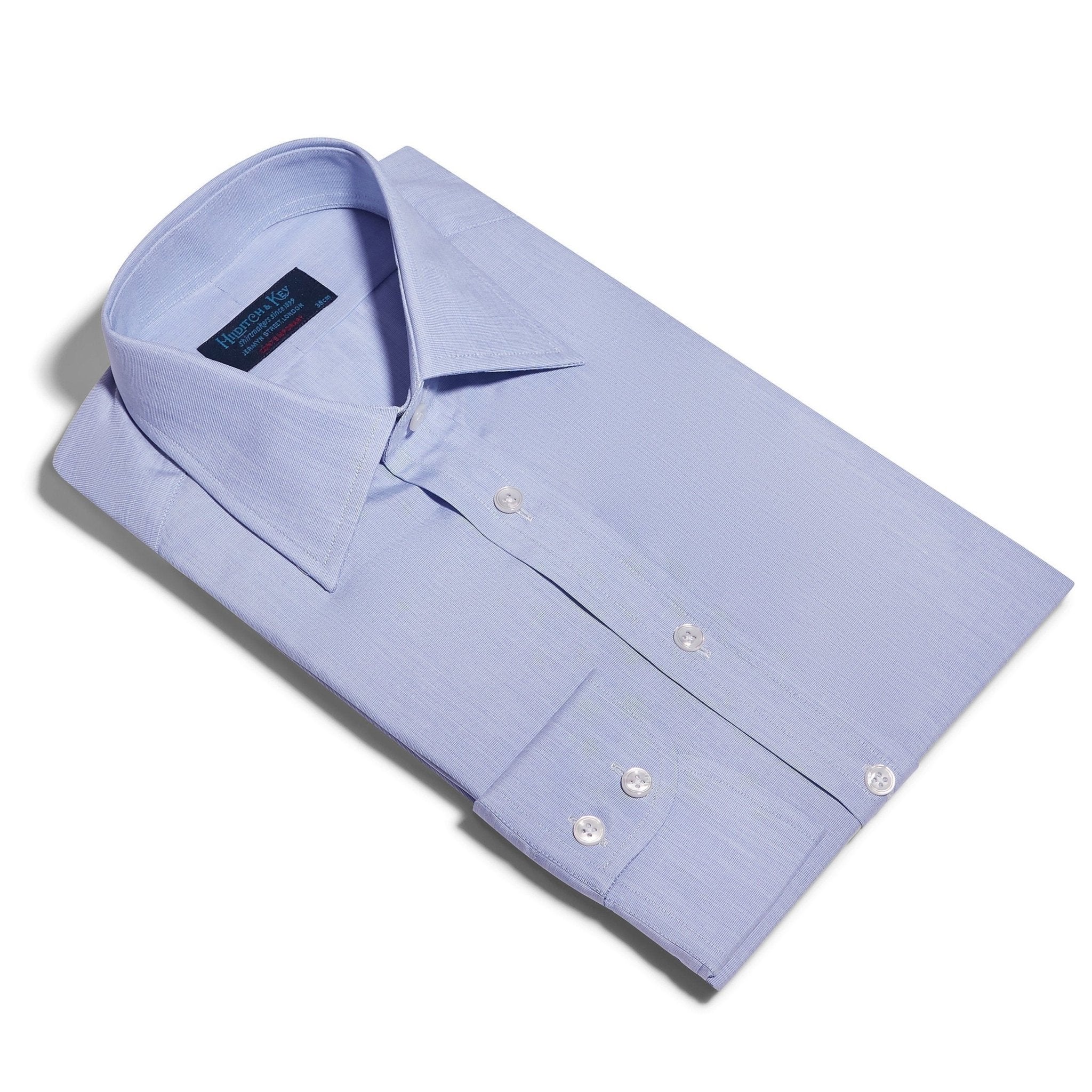 Contemporary Fit, Classic Collar, 2 Button Cuff Shirt in a Plain Blue End-On-End Cotton - Hilditch & Key