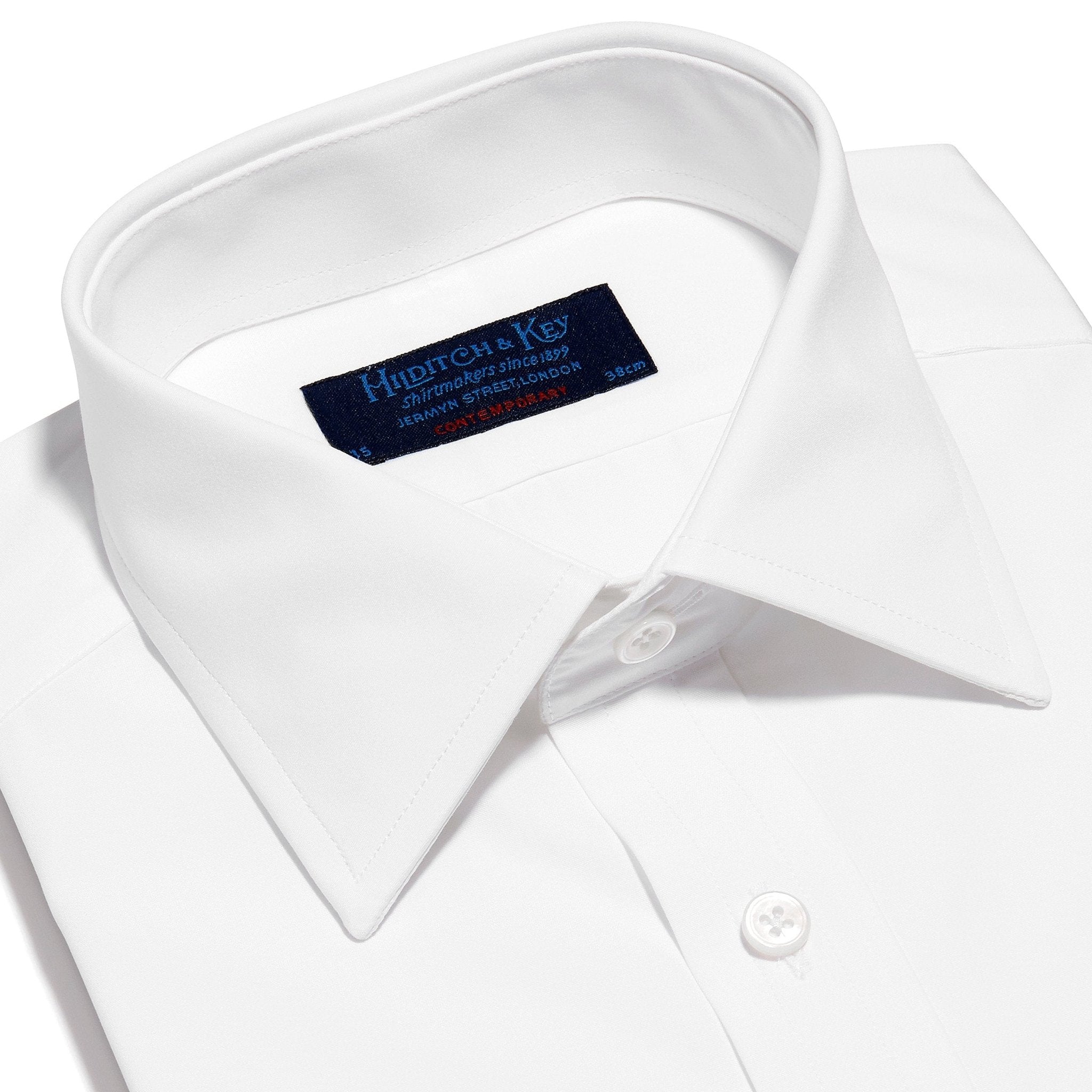 Contemporary Fit, Classic Collar, 2 Button Cuff Shirt in a Plain White Poplin Cotton - Hilditch & Key