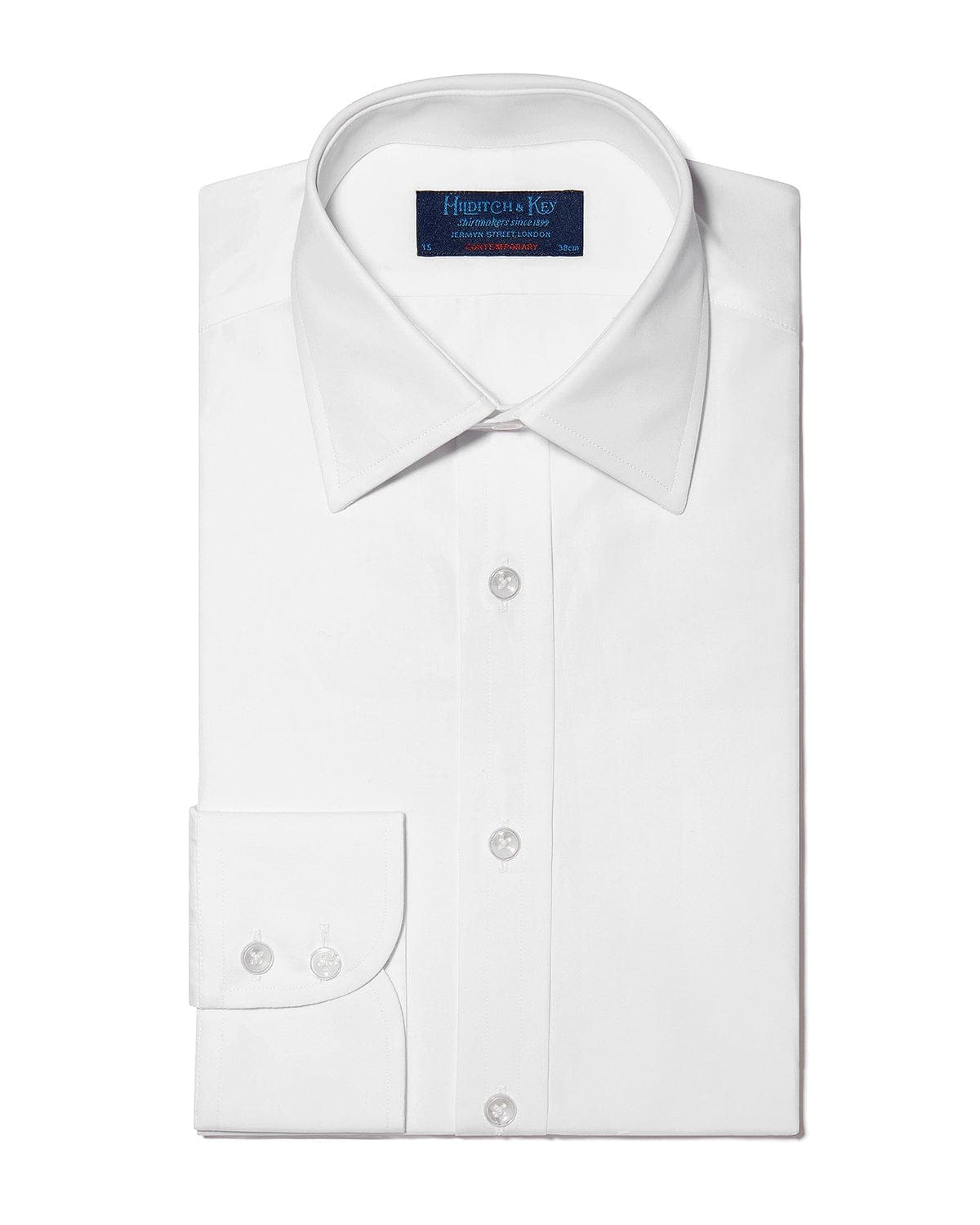 Contemporary Fit, Classic Collar, 2 Button Cuff Shirt in a Plain White Poplin Cotton - Hilditch & Key