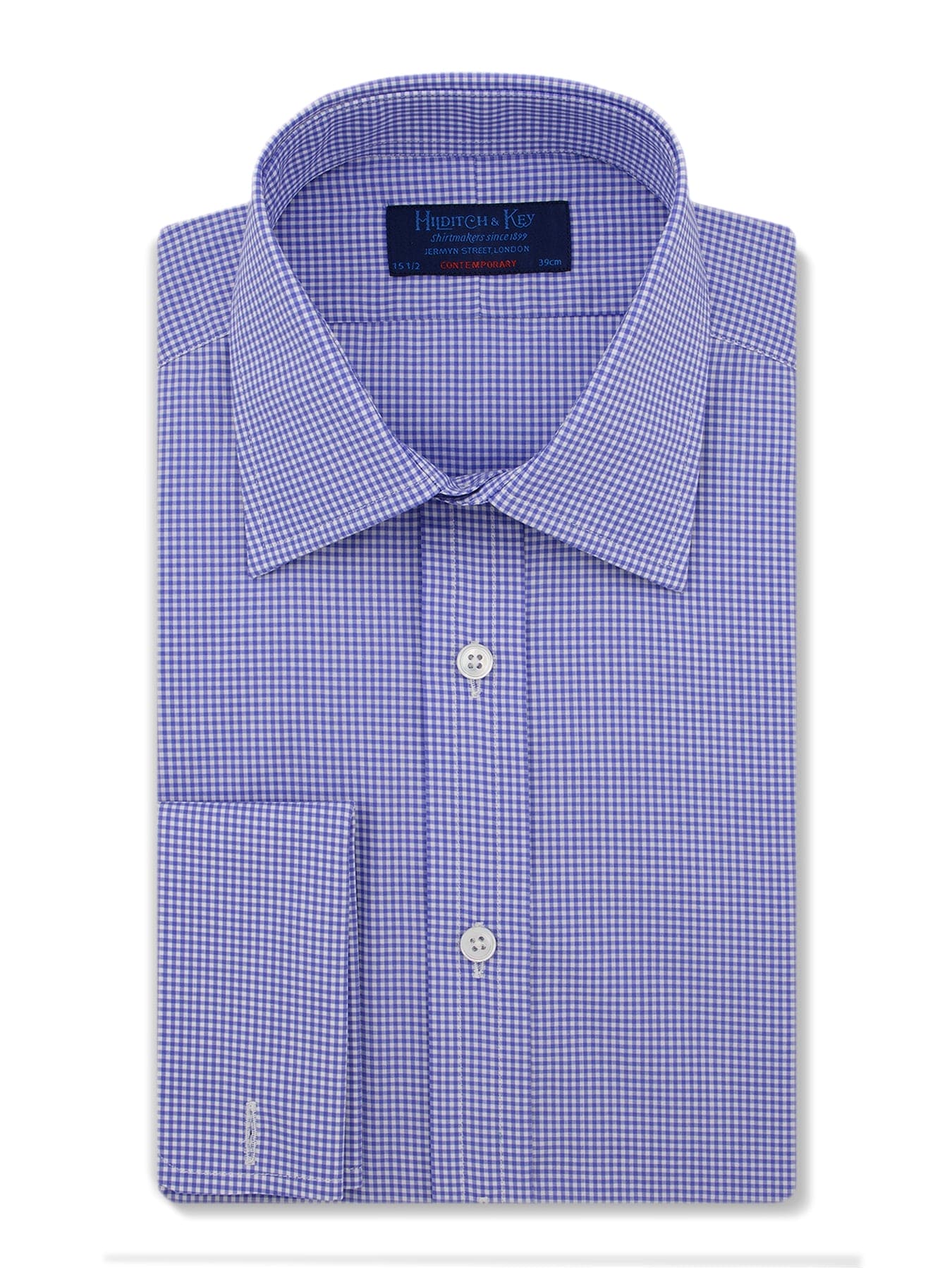 Contemporary Fit, Classic Collar, Double Cuff in Blue Gingham Check