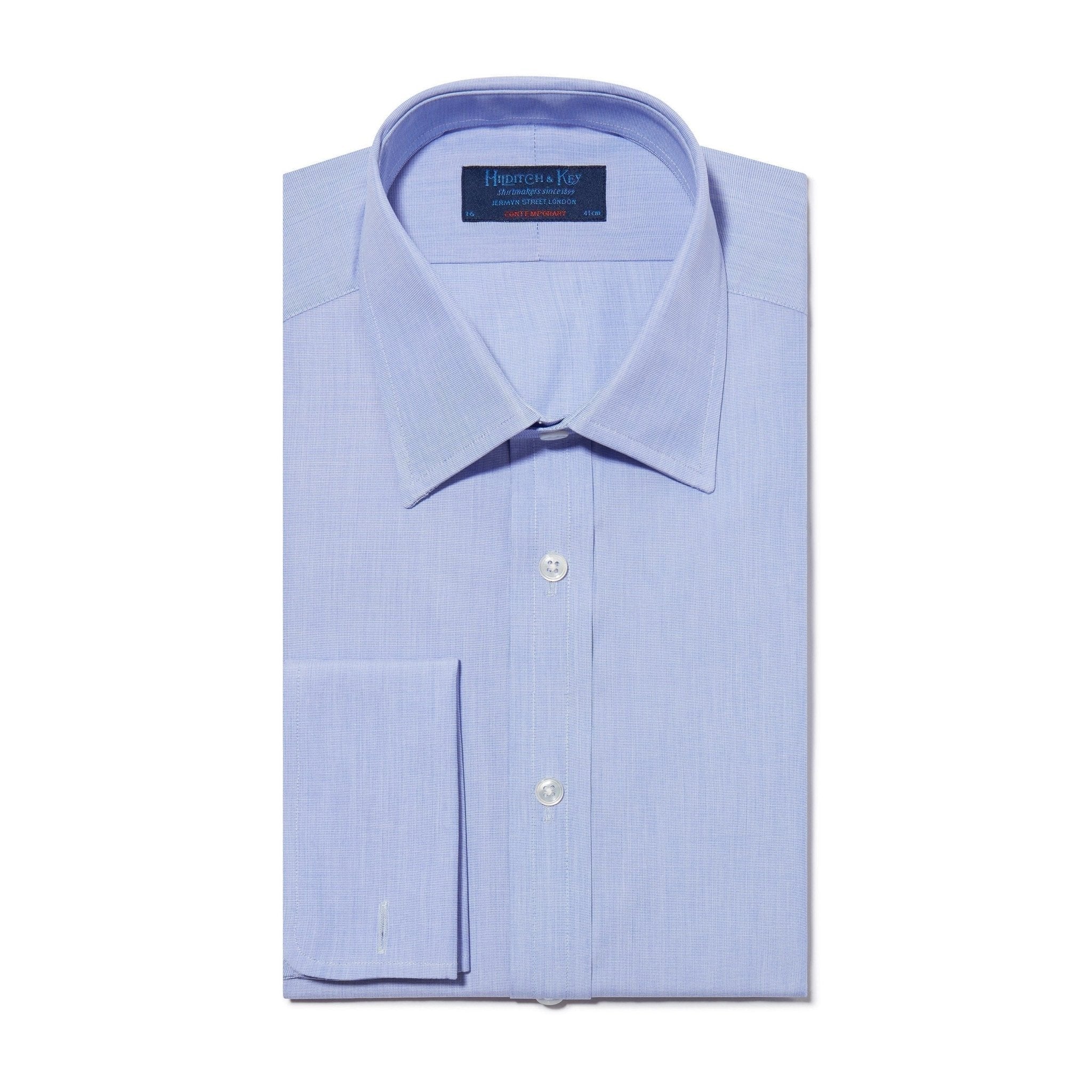 Contemporary Fit, Classic Collar, Double Cuff Shirt in a Blue End On End Cotton - Hilditch & Key
