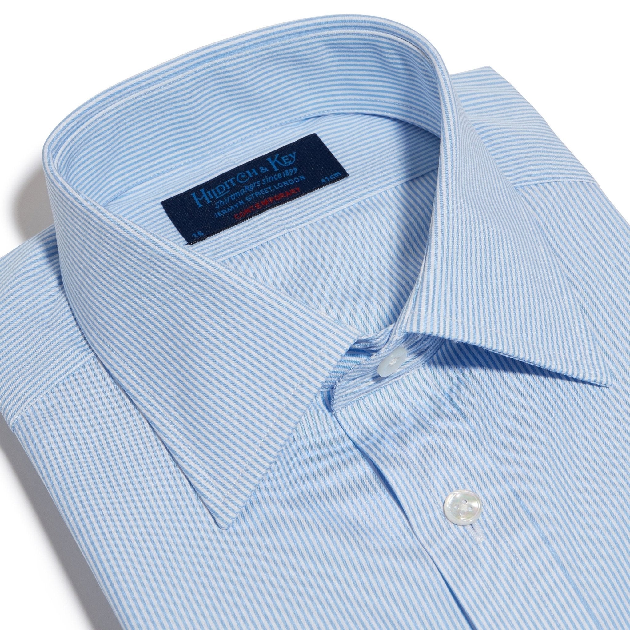 Contemporary Fit, Classic Collar, Double Cuff Shirt in a Blue & White Fine Bengal Poplin Cotton - Hilditch & Key