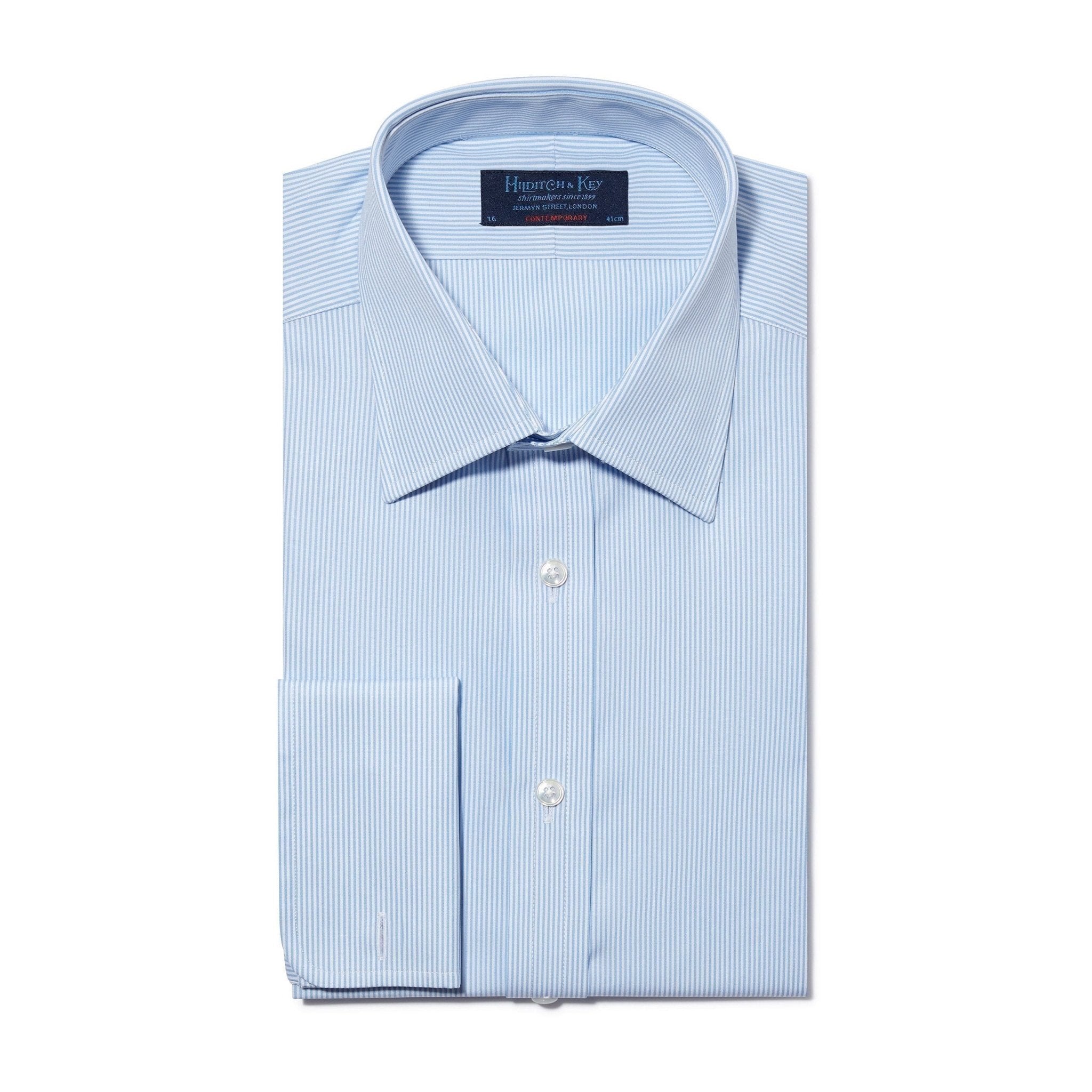 Contemporary Fit, Classic Collar, Double Cuff Shirt in a Blue & White Fine Bengal Poplin Cotton - Hilditch & Key