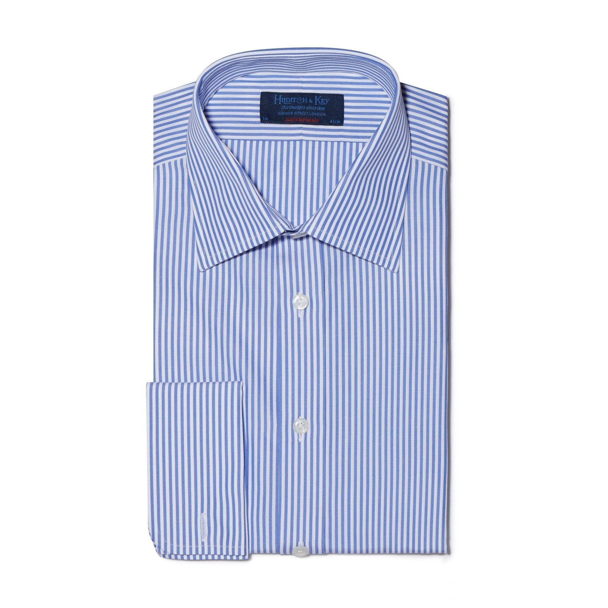 Contemporary Fit, Classic Collar, Double Cuff Shirt in a Blue & White Medium Bengal Poplin Cotton - Hilditch & Key