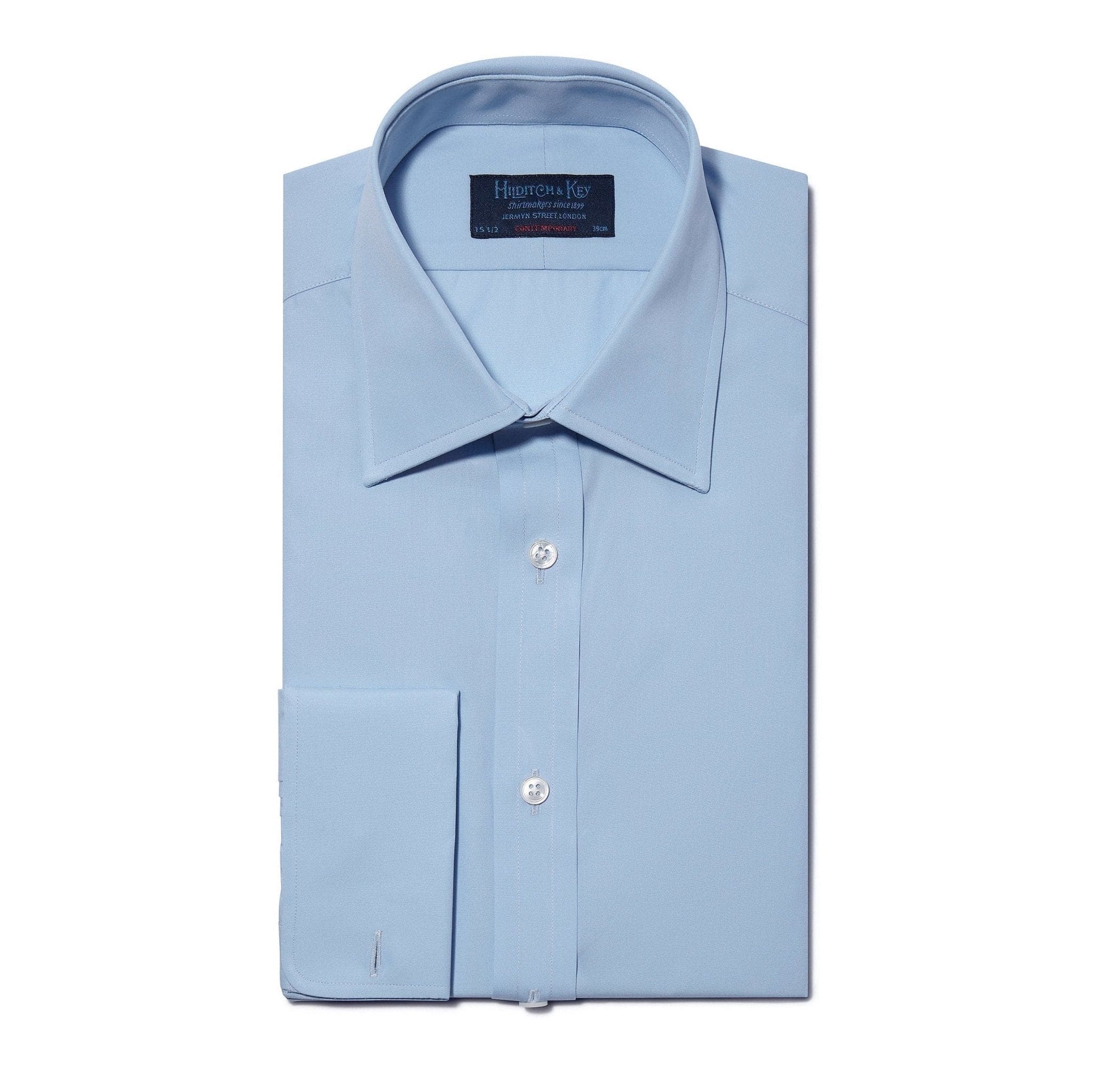 Contemporary Fit, Classic Collar, Double Cuff Shirt in a Plain Sky Blue Poplin Cotton - Hilditch & Key
