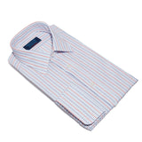Contemporary Fit, Classic Collar, Double Cuff Shirt In Navy,Blue & Red Ladder Stripe