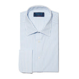Contemporary Fit, Classic Collar, Double Cuff Shirt In White With Light Blue Fine Pin Stripe