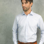Contemporary Fit, Classic Collar, Double Cuff Shirt In White With Navy & Blue Ladder Stripe