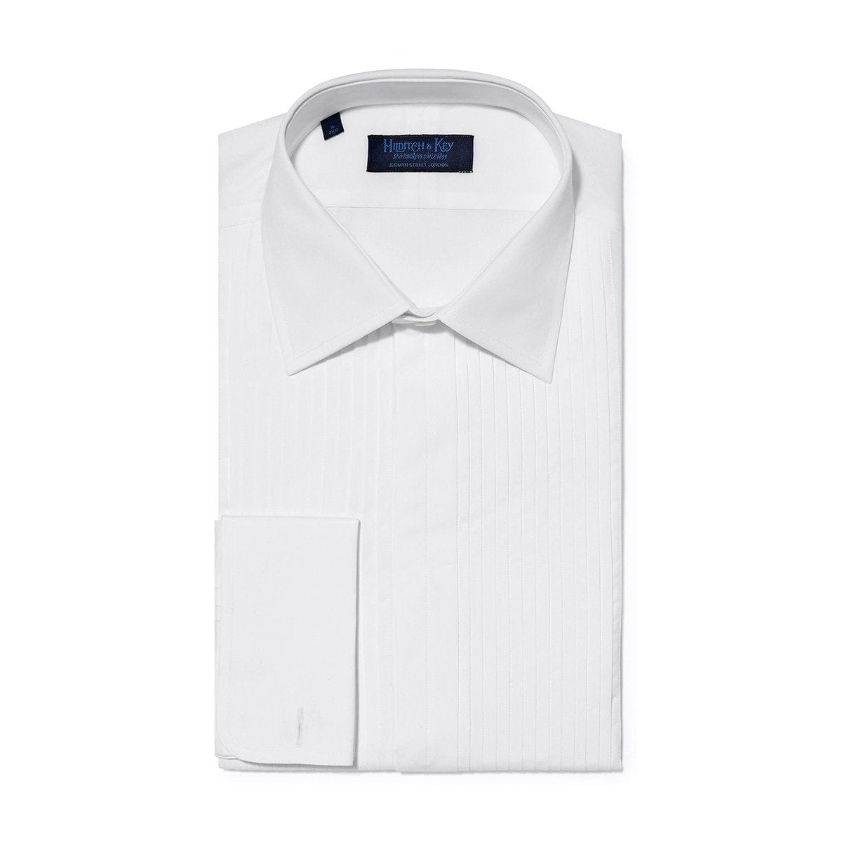 Contemporary Fit, Classic Collar, Double Cuff White Poplin Cotton Shirt with a Narrow Pleated Front - Hilditch & Key