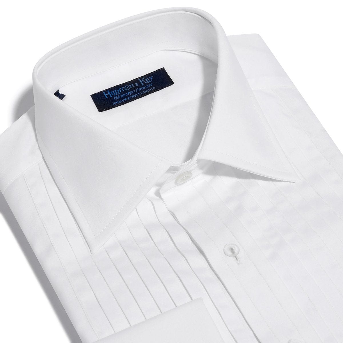 Contemporary Fit, Classic Collar, Double Cuff White Poplin Cotton Shirt with a Wide Pleated Front - Hilditch & Key