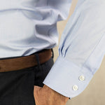 Contemporary Fit, Concealed Button Down Collar, Two Button Cuff Shirt In Plain Blue - Hilditch & Key