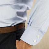 Contemporary Fit, Concealed Button Down Collar, Two Button Cuff Shirt In Plain Blue - Hilditch & Key