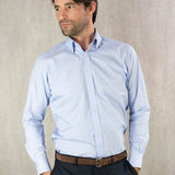 Contemporary Fit, Concealed Button Down Collar, Two Button Cuff Shirt In Plain Blue - Hilditch & Key