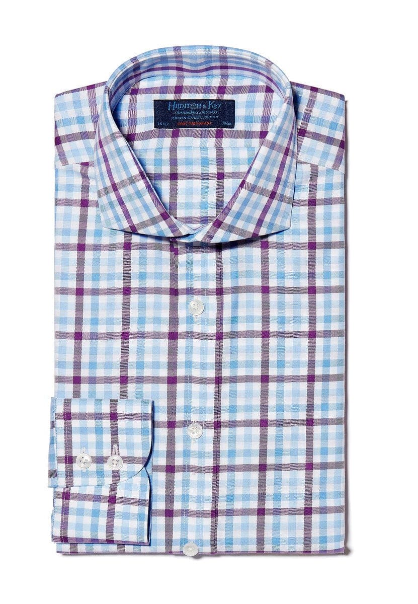 Contemporary Fit, Cut-away Collar, 2 Button Cuff Purple, Blue & White Large Check Twill Cotton Shirt