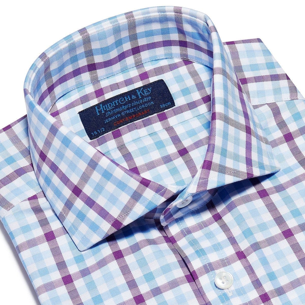 Contemporary Fit, Cut-away Collar, 2 Button Cuff Purple, Blue & White Large Check Twill Cotton Shirt