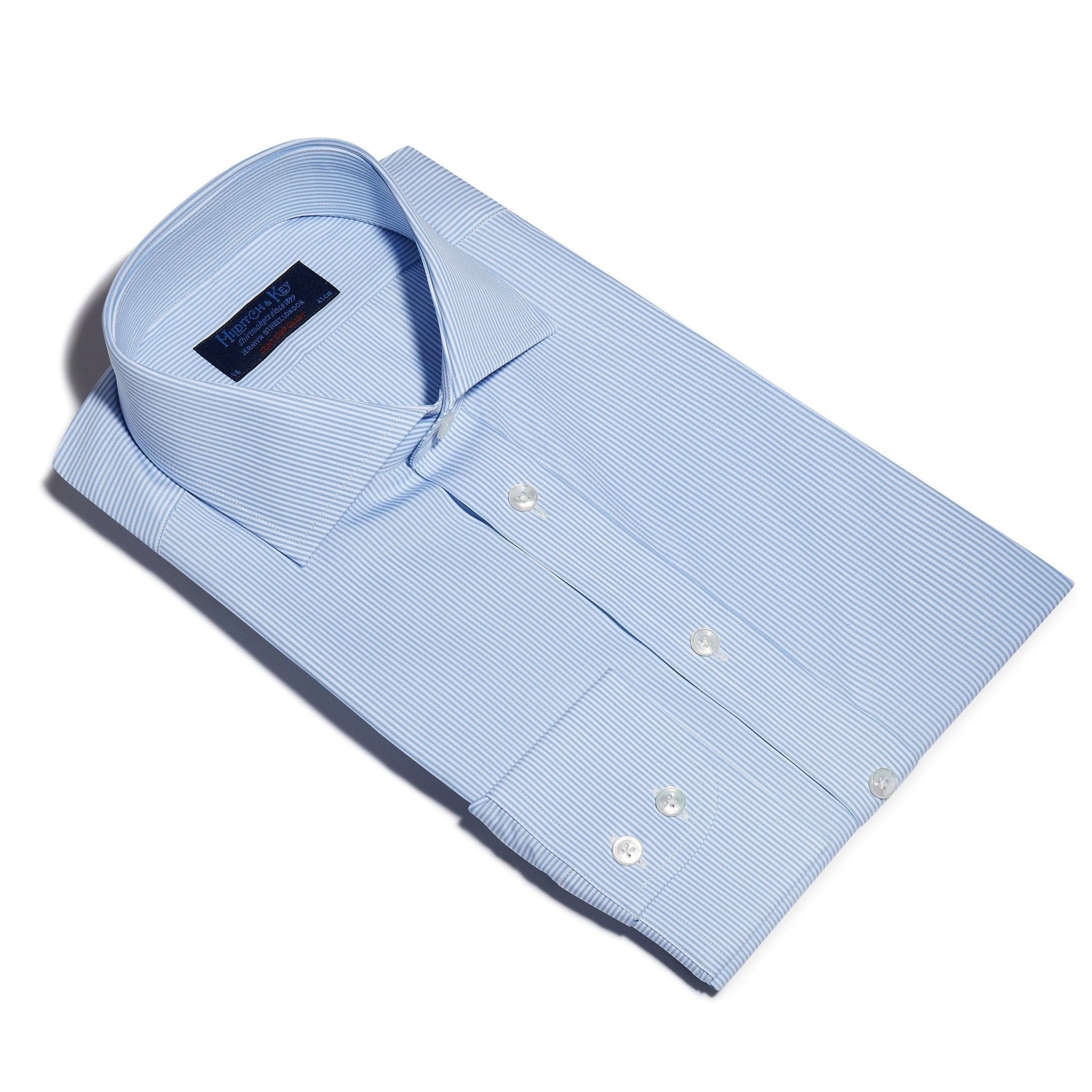 Contemporary Fit, Cut-away Collar, 2 Button Cuff Shirt in a Blue & White Fine Bengal Poplin Cotton - Hilditch & Key