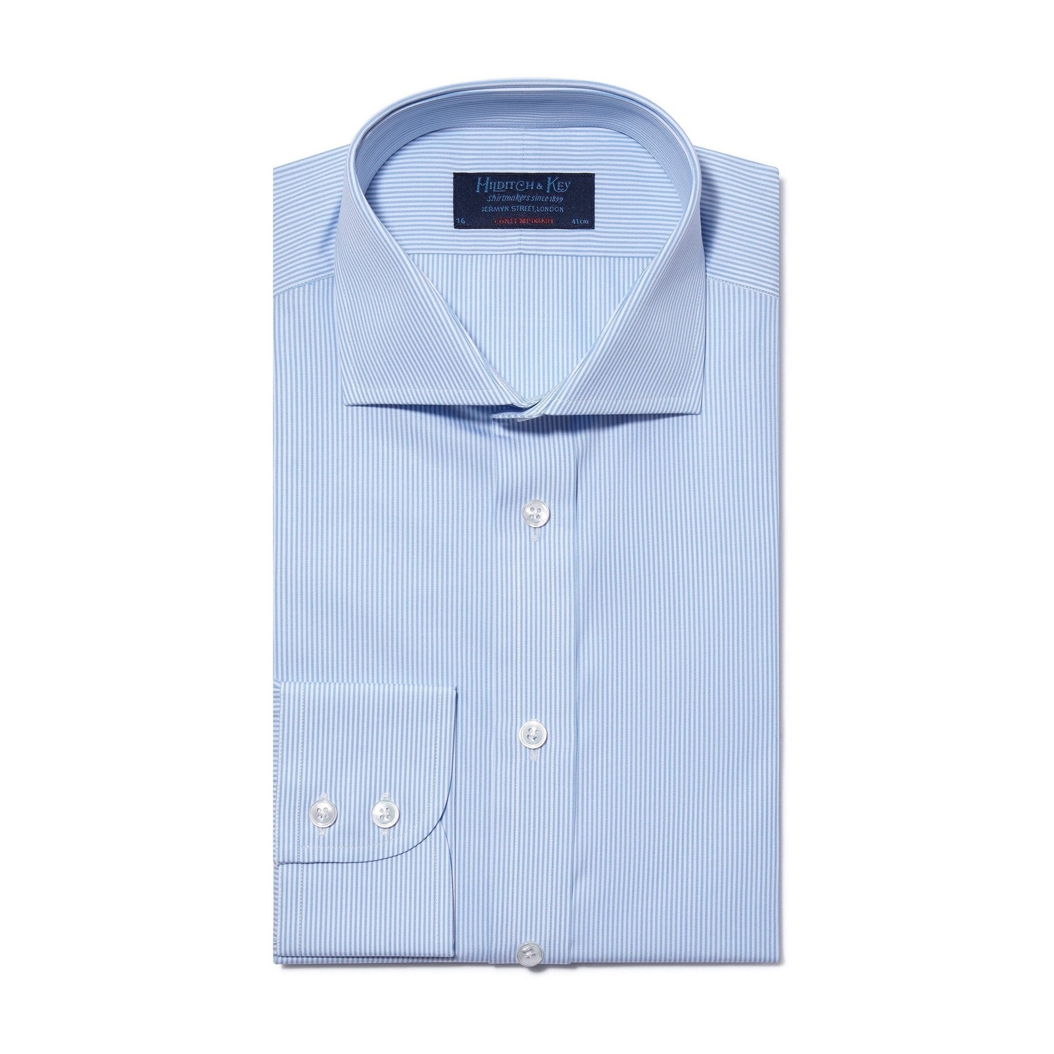 Contemporary Fit, Cut-away Collar, 2 Button Cuff Shirt in a Blue & White Fine Bengal Poplin Cotton - Hilditch & Key