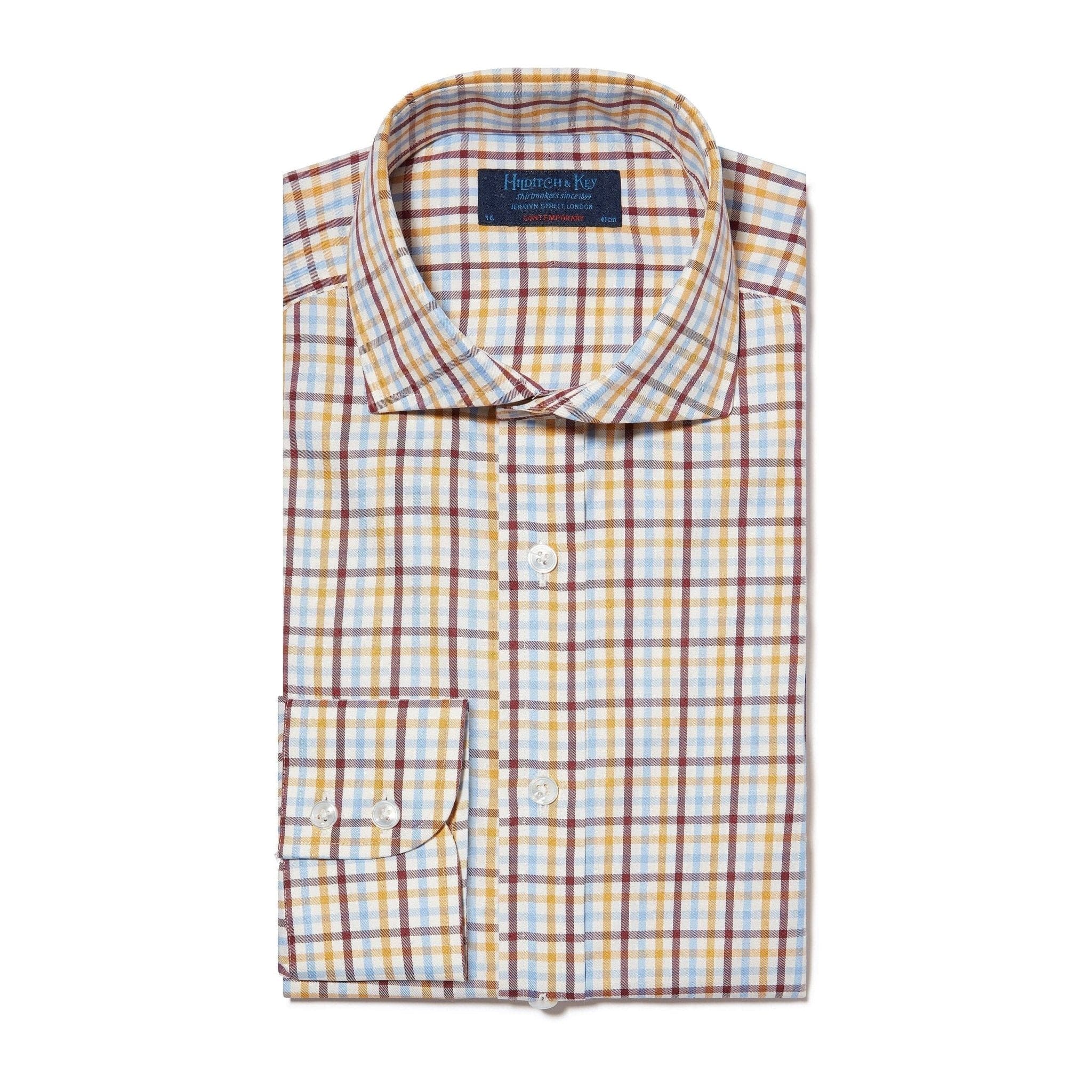 Contemporary Fit, Cut-away Collar, 2 Button Cuff Shirt in a Cream, Burgundy, Yellow & Blue Check Brushed Cotton