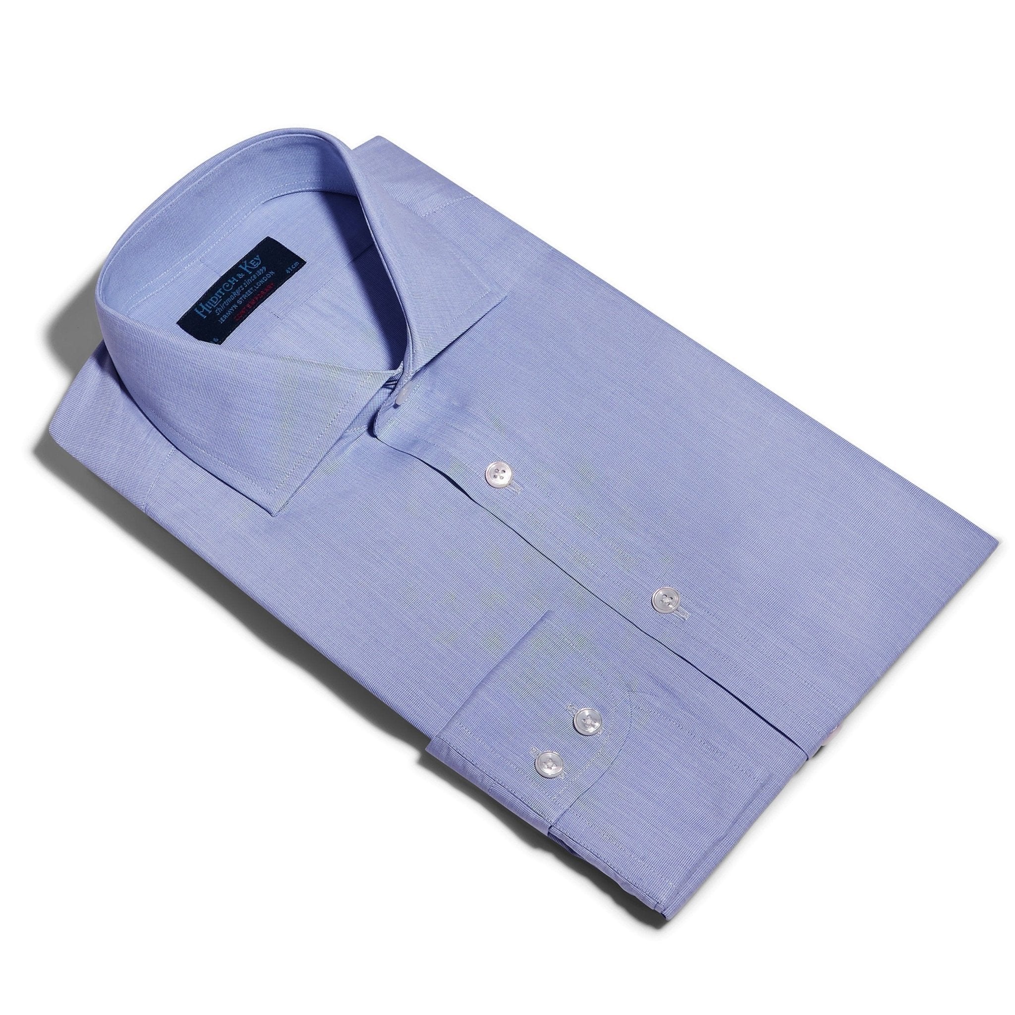 Contemporary Fit, Cut-away Collar, 2 Button Cuff Shirt in a Plain Blue End-On-End Cotton - Hilditch & Key