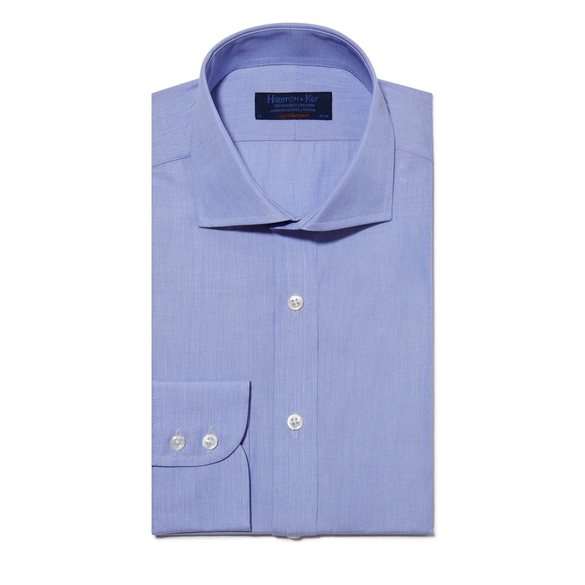 Contemporary Fit, Cut-away Collar, 2 Button Cuff Shirt in a Plain Blue End-On-End Cotton - Hilditch & Key
