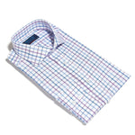 Contemporary Fit, Cut-away Collar, 2 Button Cuff Shirt in a Purple, Blue & White Overcheck Twill Cotton