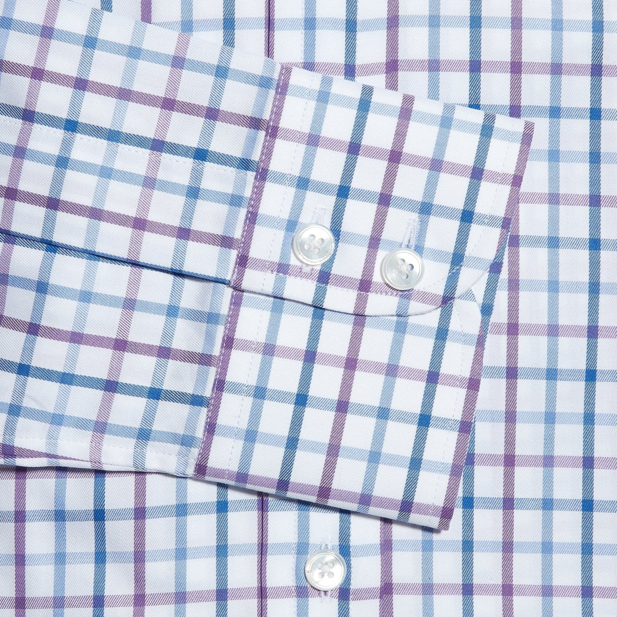 Contemporary Fit, Cut-away Collar, 2 Button Cuff Shirt in a Purple, Blue & White Overcheck Twill Cotton