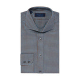 Contemporary Fit, Cut-away Collar, 2 Button Cuff Shirt In Brown & Blue Check