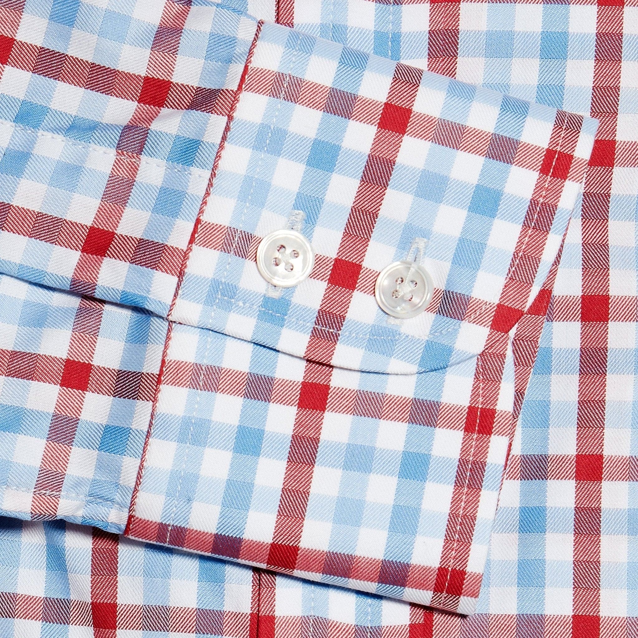 Contemporary Fit, Cut-away Collar, 2 Button Cuff Shirt In Red, Blue & White Large Check Twill Cotton