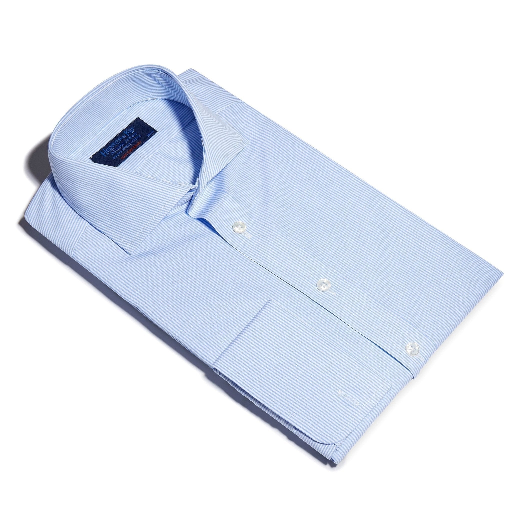 Contemporary Fit, Cut-away Collar, Double Cuff Shirt in a Blue & White Fine Bengal Poplin Cotton - Hilditch & Key