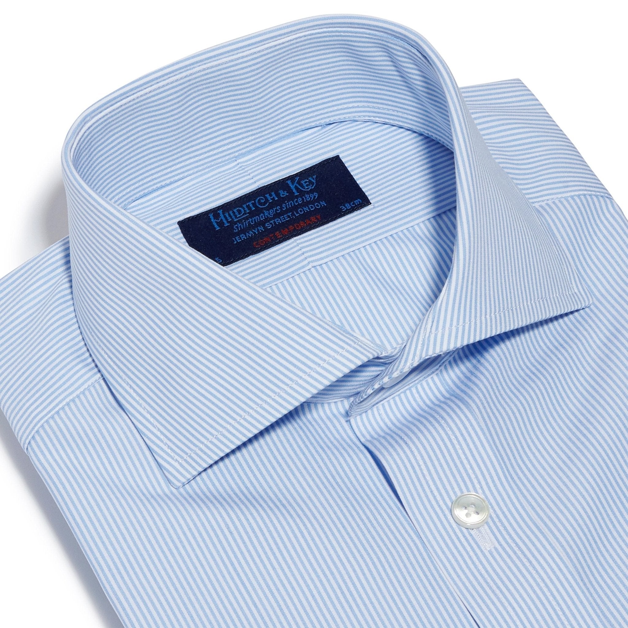 Contemporary Fit, Cut-away Collar, Double Cuff Shirt in a Blue & White Fine Bengal Poplin Cotton - Hilditch & Key