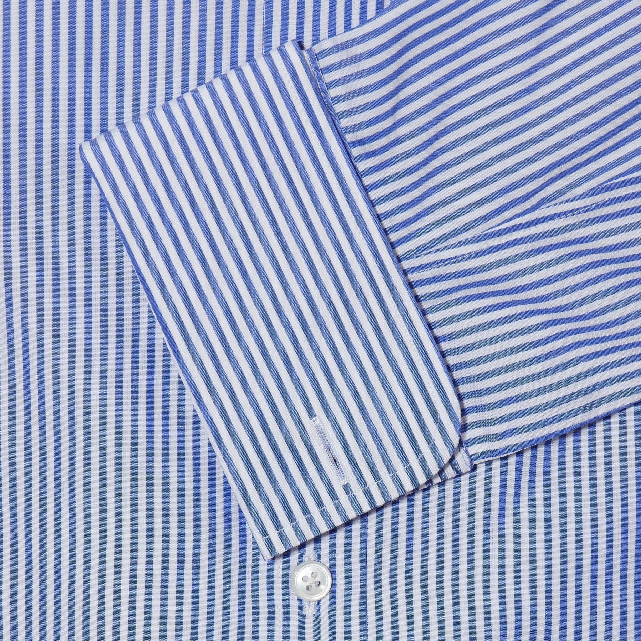 Contemporary Fit, Cut-away Collar, Double Cuff Shirt in a Blue & White Medium Bengal Poplin Cotton - Hilditch & Key