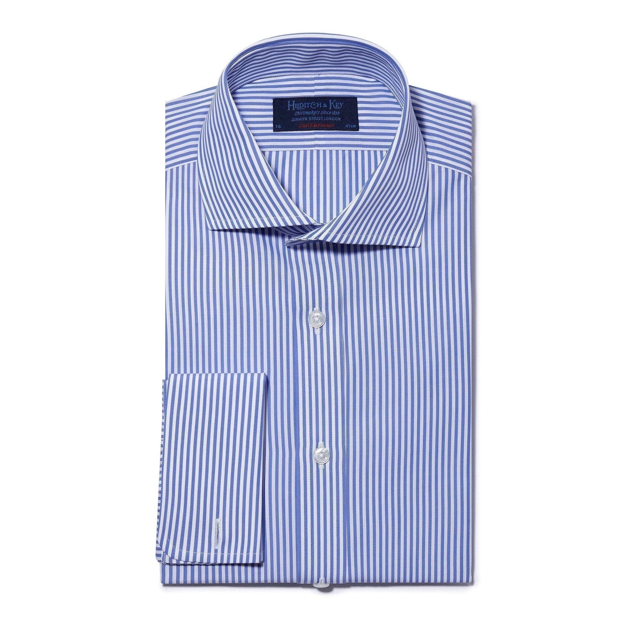 Contemporary Fit, Cut-away Collar, Double Cuff Shirt in a Blue & White Medium Bengal Poplin Cotton - Hilditch & Key