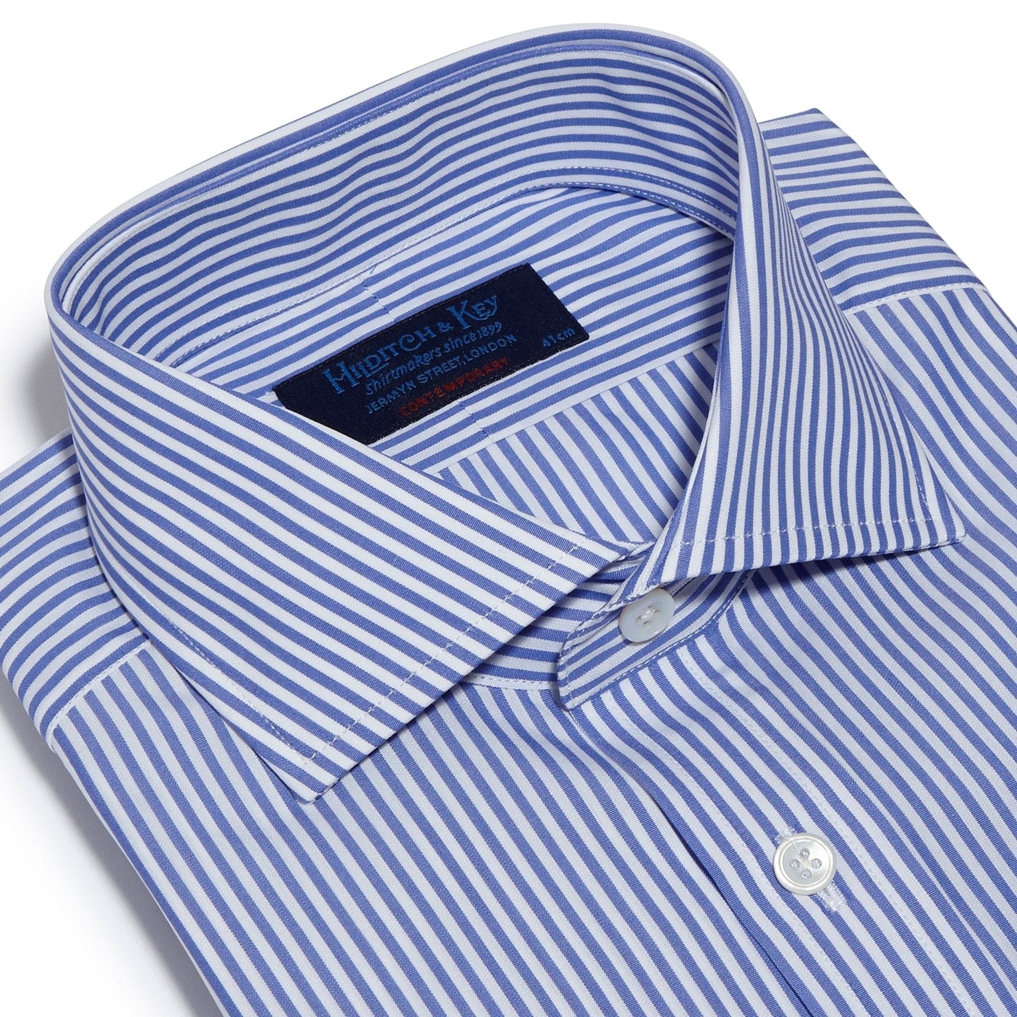 Contemporary Fit, Cut-away Collar, Double Cuff Shirt in a Blue & White Medium Bengal Poplin Cotton - Hilditch & Key