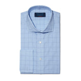 Contemporary Fit, Cut-away Collar, Double Cuff Shirt In Blue With Navy Line Overcheck