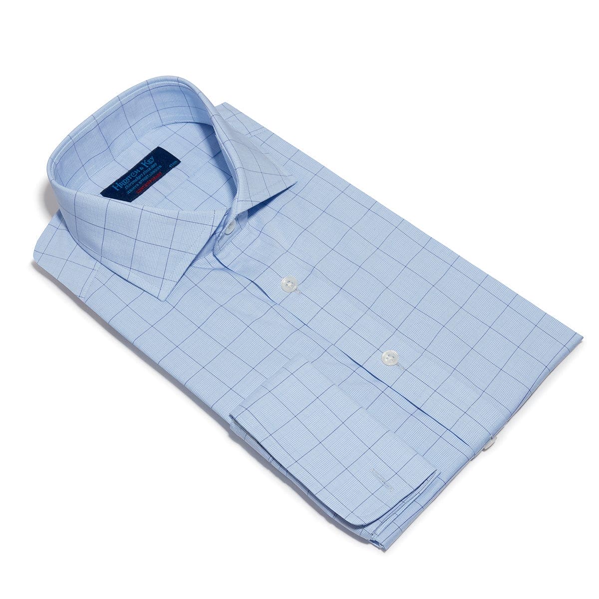 Contemporary Fit, Cut-away Collar, Double Cuff Shirt In Blue With Navy Line Overcheck