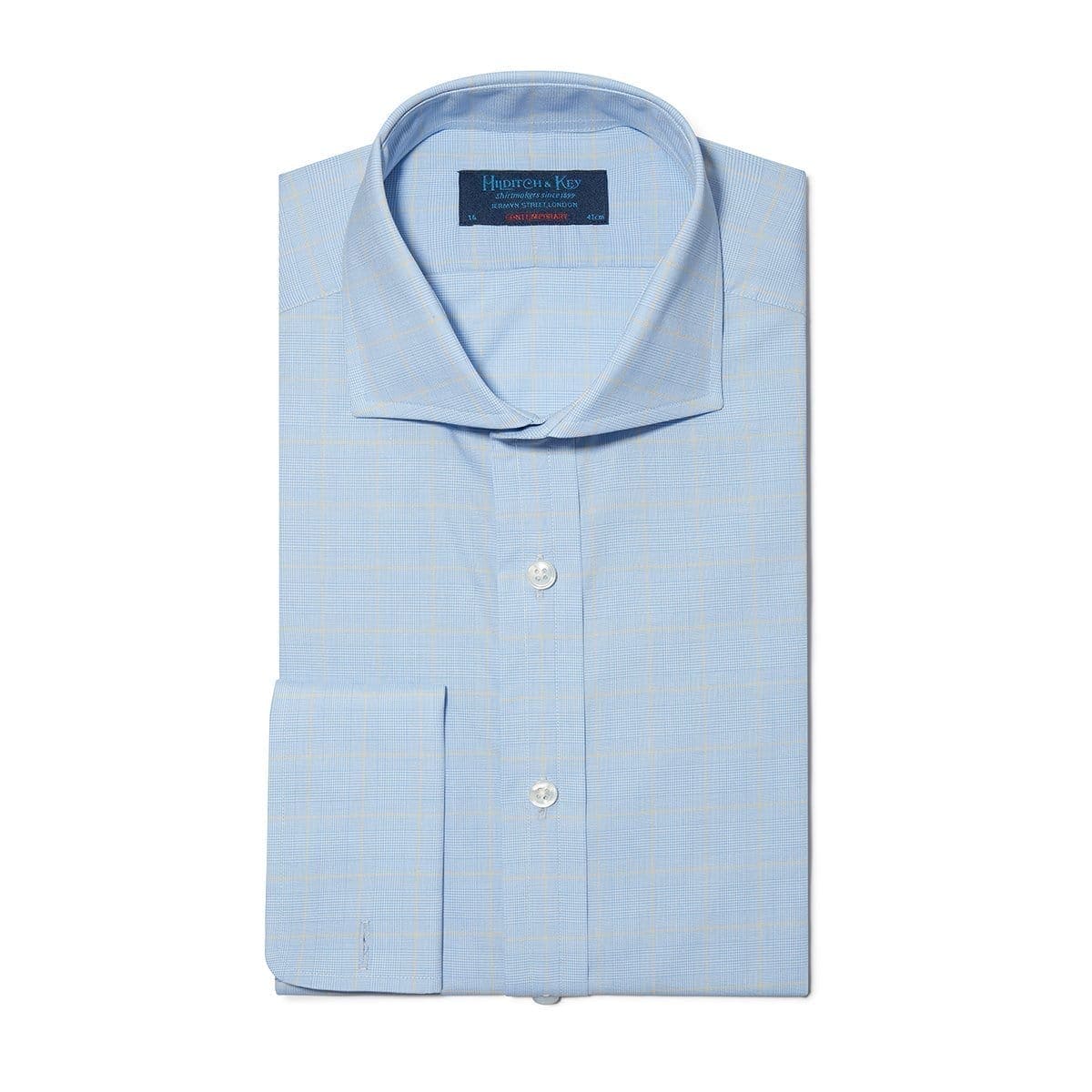 Contemporary Fit, Cut-away Collar, Double Cuff Shirt In Blue With Yellow Line Overcheck