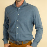 Contemporary Fit, Cutaway Collar, 2 Button Cuff Shirt in a Navy Denim Brushed Cotton