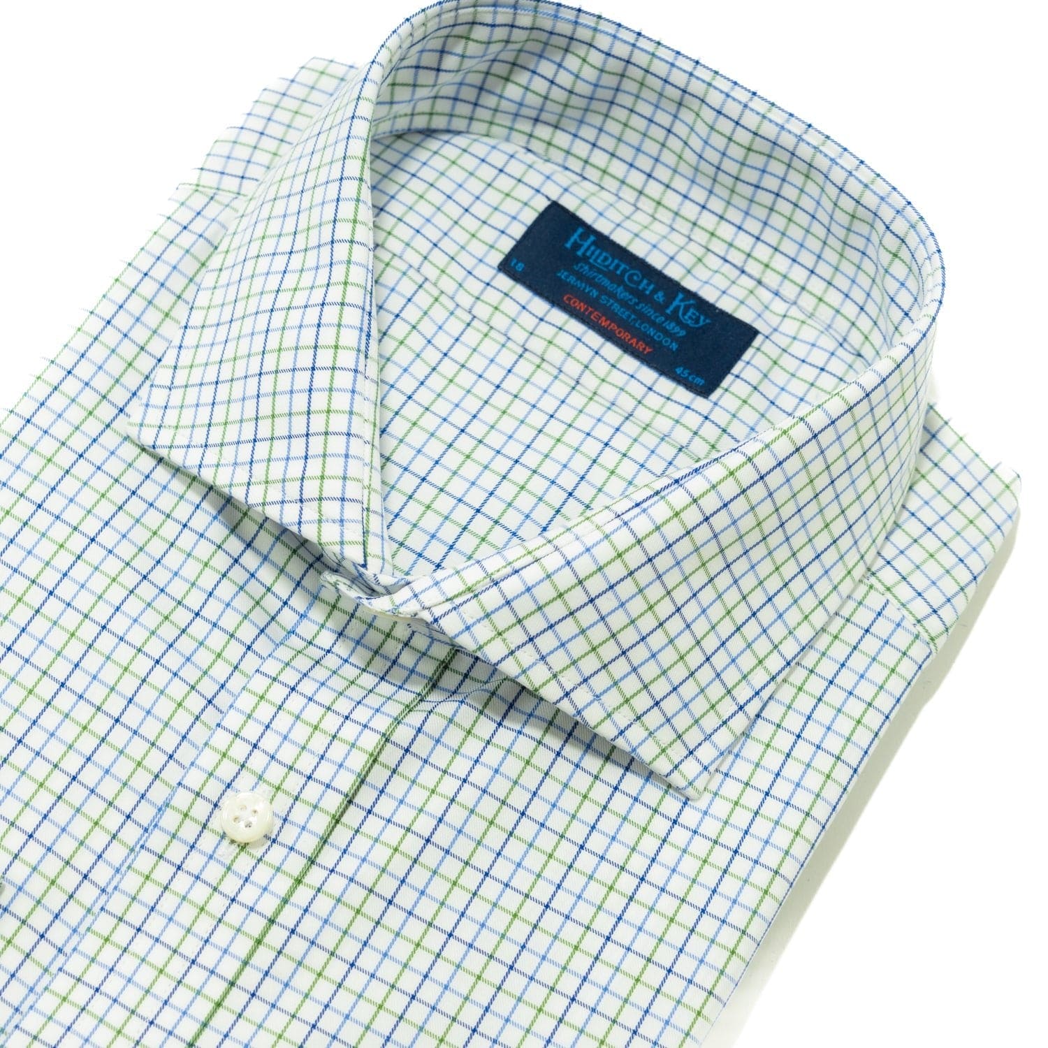 Contemporary Fit, Cutaway Collar, 2 Button Cuff Shirt in Green & Navy Twill Check