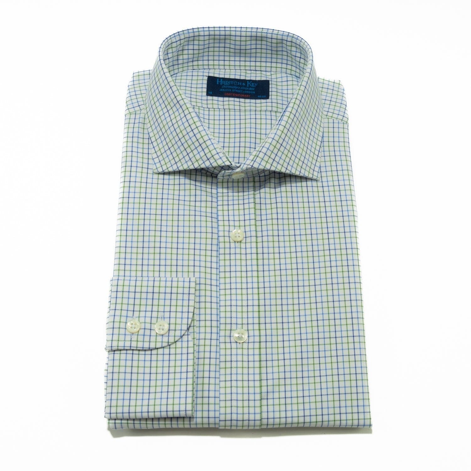 Contemporary Fit, Cutaway Collar, 2 Button Cuff Shirt in Green & Navy Twill Check