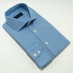 Contemporary Fit, Cutaway Collar, 2 Button Cuff Shirt in Sky Blue & Navy Check