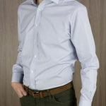 Contemporary Fit, Cutaway Collar, 2 Button Cuff Shirt White With Fine Blue Line Stripe Poplin
