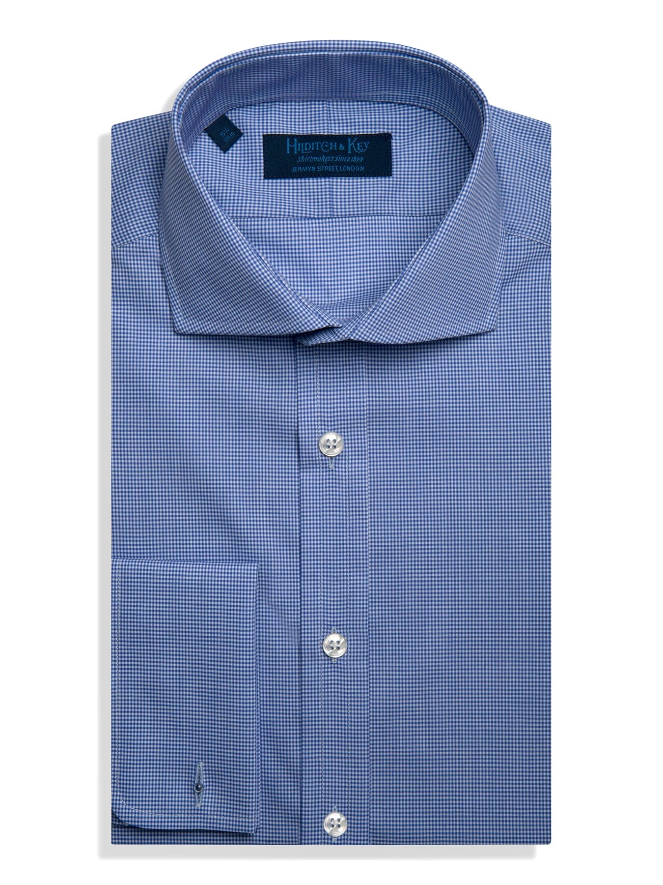 Contemporary Fit, Cutaway Collar, Double Cuff in Blue & White Shepherds Check
