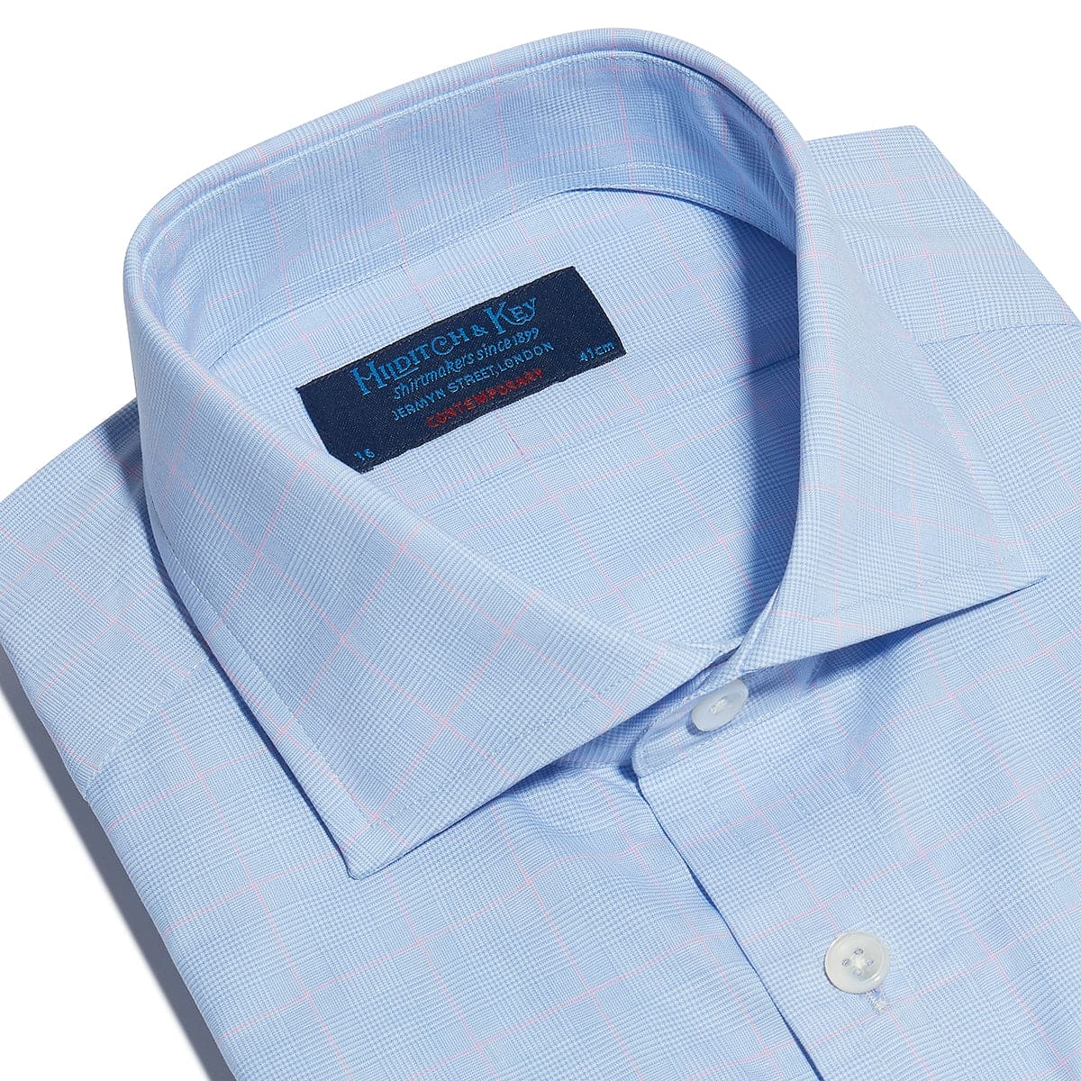 Contemporary Fit, Cutaway Collar, Double Cuff in Blue With Pink Line Overcheck