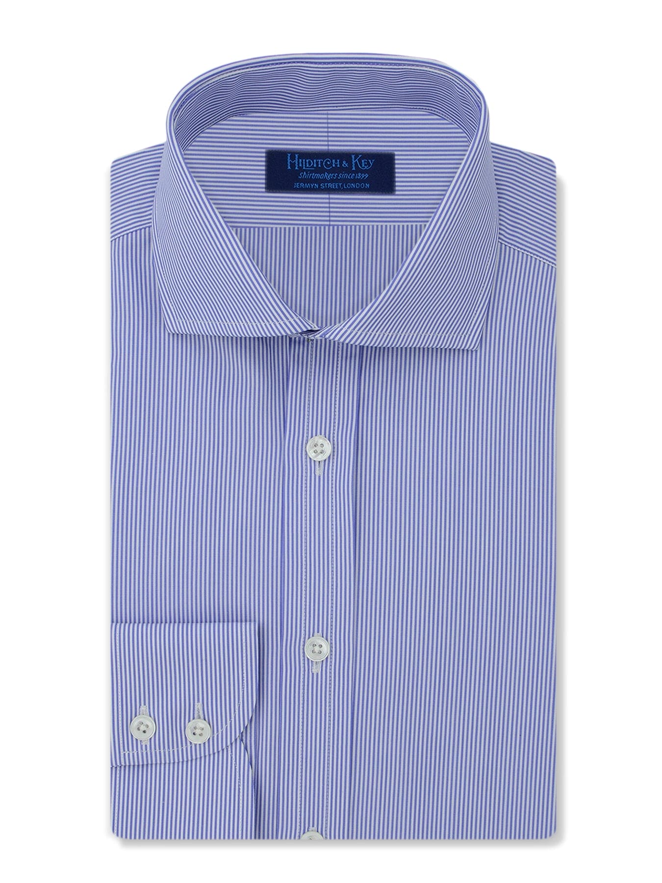 Contemporary Fit, Cutaway Collar, Two Button Cuff Blue Fine Bengal Stripe