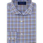 Contemporary Fit, Cutaway Collar, Two Button Cuff in White With Brown & Blue Overcheck