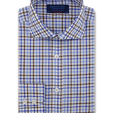 Contemporary Fit, Cutaway Collar, Two Button Cuff in White With Brown & Blue Overcheck